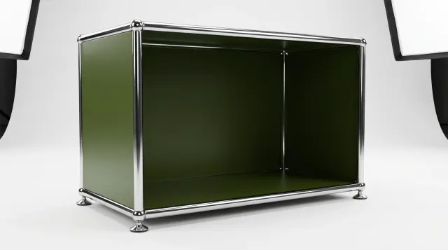 Sideboard in Olive green (RAL 6003), compatible with USM Haller – 750 × 350 × 350 mm, 1 compartment – photorealistic preview