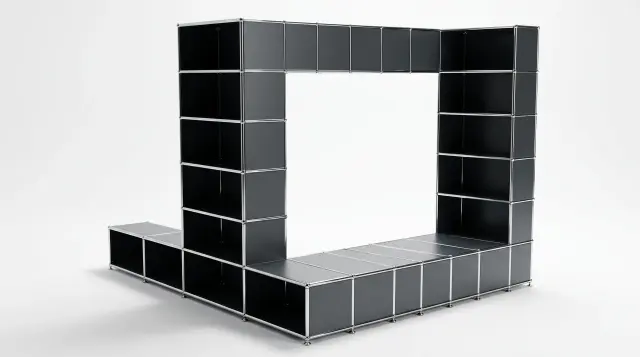 Shelving unit in Anthracite grey (RAL 7016), compatible with USM Haller – 3000 × 2100 × 2450 mm, 20 compartments – photorealistic preview