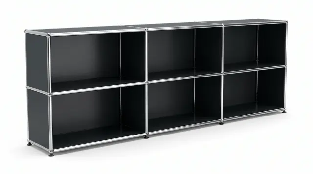 Sideboard in Anthracite grey (RAL 7016), compatible with USM Haller – 3000 × 700 × 350 mm, 8 compartments – photorealistic preview