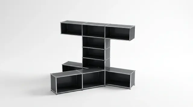 Shelving unit in Anthracite grey (RAL 7016), compatible with USM Haller – 2250 × 1750 × 350 mm, 9 compartments – photorealistic preview