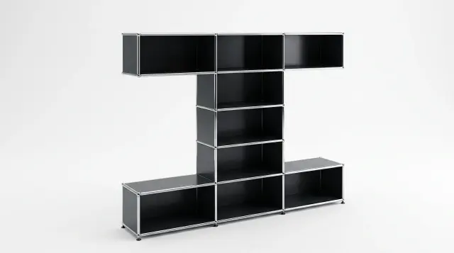 Shelving unit in Anthracite grey (RAL 7016), compatible with USM Haller – 2250 × 1750 × 350 mm, 9 compartments – photorealistic preview