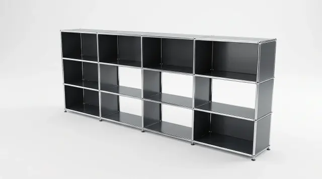 Shelving unit in Anthracite grey (RAL 7016), compatible with USM Haller – 3000 × 1050 × 350 mm, 12 compartments – photorealistic preview