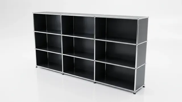 Shelving unit in Anthracite grey (RAL 7016), compatible with USM Haller – 3000 × 1050 × 350 mm, 12 compartments – photorealistic preview