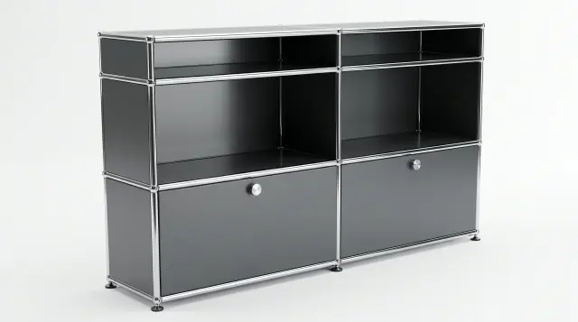 Sideboard in Anthracite grey (RAL 7016), compatible with USM Haller – 1500 × 800 × 350 mm, 6 compartments, 2 drop-down doors – photorealistic preview