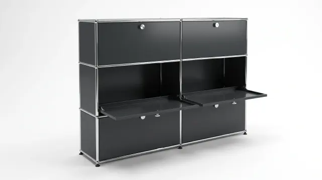 Shelving unit in Anthracite grey (RAL 7016), compatible with USM Haller – 1850 × 1450 × 350 mm, 9 compartments, 6 drop-down doors, 1 pull-out shelf – photorealistic preview