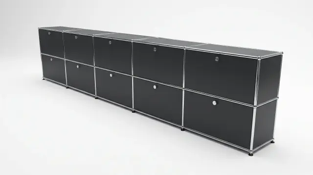 Sideboard in Anthracite grey (RAL 7016), compatible with USM Haller – 3750 × 700 × 350 mm, 10 compartments, 10 drop-down doors – photorealistic preview