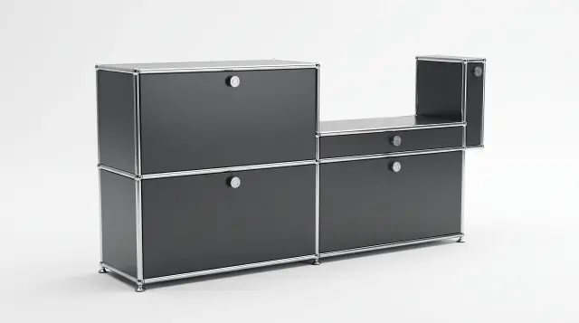 Sideboard in Anthracite grey (RAL 7016), compatible with USM Haller – 1600 × 700 × 350 mm, 5 compartments, 5 drop-down doors – photorealistic preview