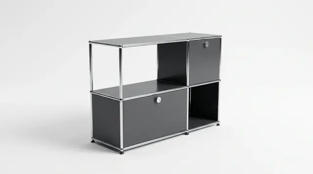 Sideboard in Anthracite grey (RAL 7016), compatible with USM Haller – 945 × 700 × 350 mm, 4 compartments, 1 drop-down door – photorealistic preview