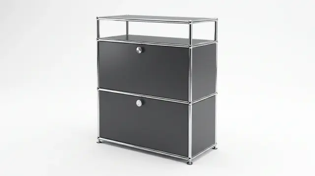 Shelving unit in Anthracite grey (RAL 7016), compatible with USM Haller – 750 × 850 × 350 mm, 3 compartments, 2 drop-down doors – photorealistic preview