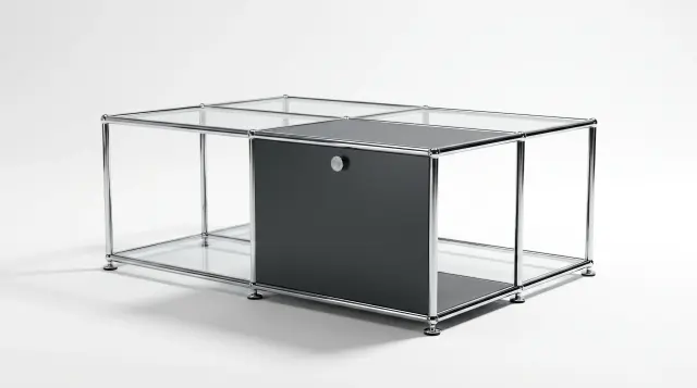 Sideboard in Anthracite grey (RAL 7016), compatible with USM Haller – 1000 × 350 × 700 mm, 4 compartments, 1 drop-down door, with glass – photorealistic preview