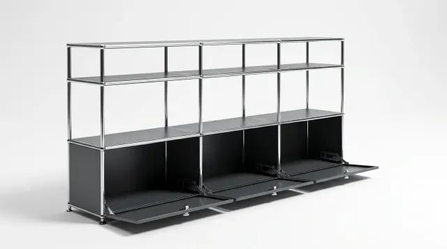 Sideboard in Anthrazitgrau (RAL 7016), kompatibel mit USM Haller – 2250 × 875 × 350 mm, 9 Fächer, 3 Klapptüren – fotorealistische Vorschau