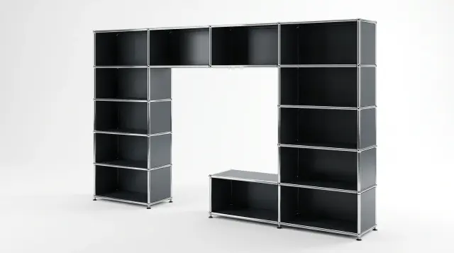 Shelving unit in Anthracite grey (RAL 7016), compatible with USM Haller – 3000 × 1750 × 350 mm, 13 compartments, with glass – photorealistic preview