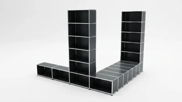 Shelving unit in Anthracite grey (RAL 7016), compatible with USM Haller – 3000 × 2100 × 2450 mm, 20 compartments – photorealistic preview