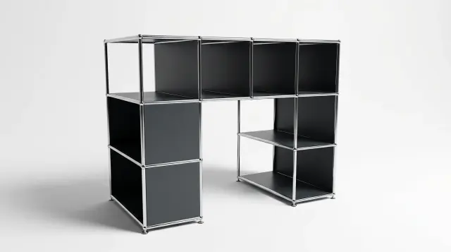 Shelving unit in Anthracite grey (RAL 7016), compatible with USM Haller – 750 × 1050 × 1400 mm, 8 compartments – photorealistic preview