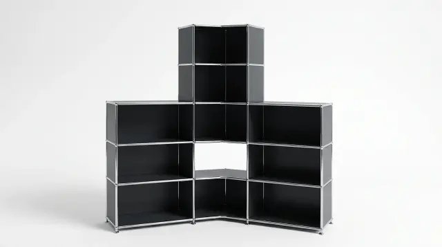 Shelving unit in Anthracite grey (RAL 7016), compatible with USM Haller – 2250 × 1750 × 350 mm, 10 compartments – photorealistic preview