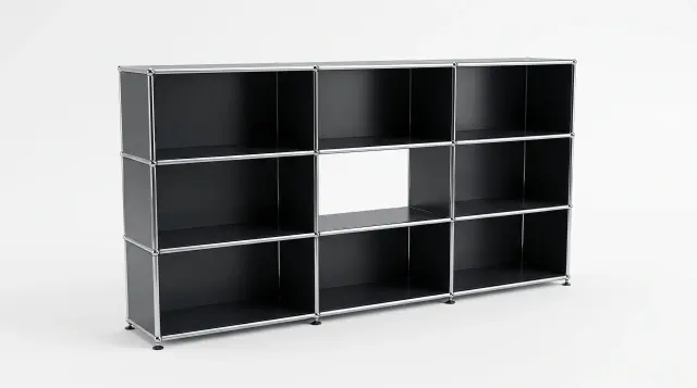 Shelving unit in Anthracite grey (RAL 7016), compatible with USM Haller – 2250 × 1050 × 350 mm, 8 compartments – photorealistic preview