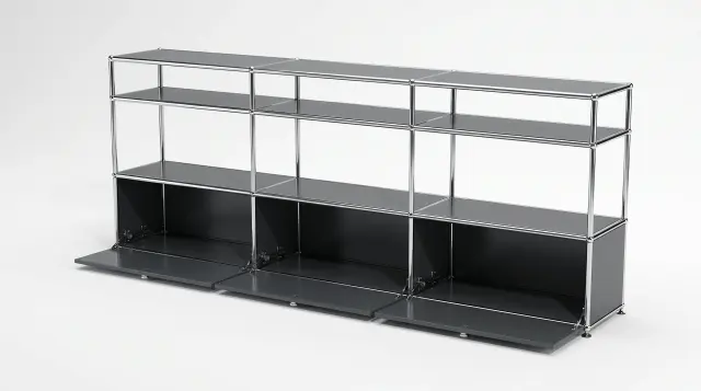 Sideboard in Anthrazitgrau (RAL 7016), kompatibel mit USM Haller – 2250 × 875 × 350 mm, 9 Fächer, 3 Klapptüren – fotorealistische Vorschau