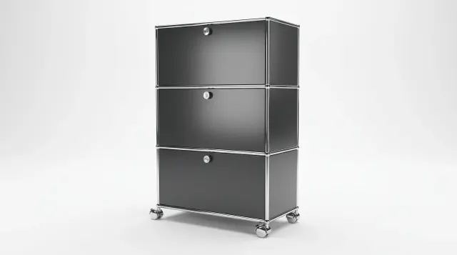 Shelving unit in Anthracite grey (RAL 7016), compatible with USM Haller – 750 × 1050 × 350 mm, 3 compartments, 3 drop-down doors – photorealistic preview