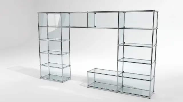 Shelving unit in Anthracite grey (RAL 7016), compatible with USM Haller – 3000 × 1750 × 350 mm, 13 compartments, with glass – photorealistic preview