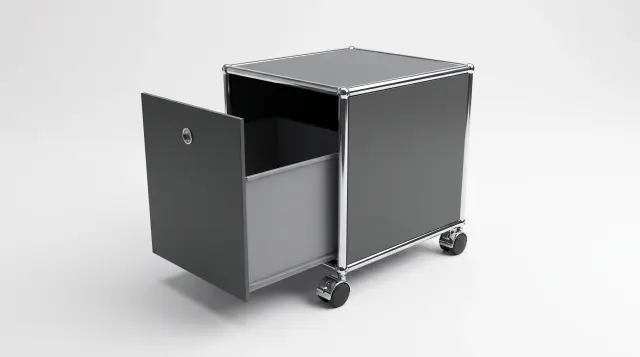 Sideboard in Anthracite grey (RAL 7016), compatible with USM Haller – 350 × 350 × 350 mm, 1 compartment, 1 pull-out shelf – photorealistic preview