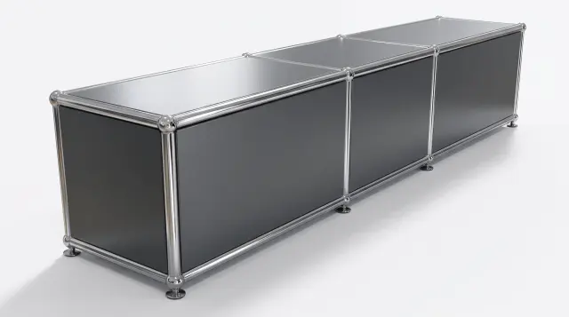 Sideboard in Anthracite grey (RAL 7016), compatible with USM Haller – 1500 × 350 × 700 mm, 3 compartments – photorealistic preview