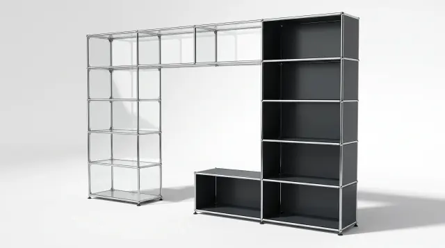 Shelving unit in Anthracite grey (RAL 7016), compatible with USM Haller – 3000 × 1750 × 350 mm, 13 compartments, with glass – photorealistic preview