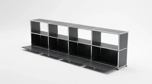 Sideboard in Anthracite grey (RAL 7016), compatible with USM Haller – 3000 × 745 × 350 mm, 8 compartments, 4 drop-down doors – photorealistic preview