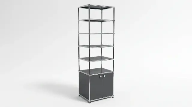 Shelving unit in Anthracite grey (RAL 7016), compatible with USM Haller – 395 × 2000 × 500 mm, 7 compartments, 1 drop-down door – photorealistic preview