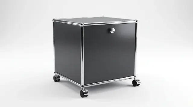 Sideboard in Anthracite grey (RAL 7016), compatible with USM Haller – 350 × 350 × 350 mm, 1 compartment, 1 drop-down door – photorealistic preview
