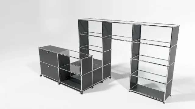 Shelving unit in Anthracite grey (RAL 7016), compatible with USM Haller – 3000 × 1400 × 1050 mm, 14 compartments, 2 drop-down doors, with glass – photorealistic preview