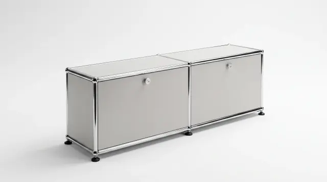 Sideboard in Light grey (RAL 7035), compatible with USM Haller – 1500 × 800 × 350 mm, 6 compartments, 2 drop-down doors, with glass – photorealistic preview