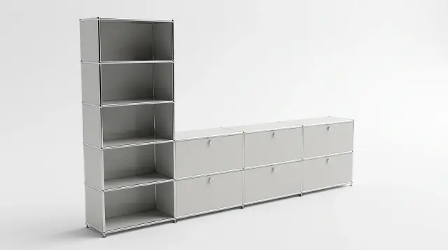 ライトグレー（RAL 7035）のシェルフ（USMハラー対応） – 3000 × 1750 × 350 mm、11区画、フラップ扉6枚 – フォトリアルなプレビュー
