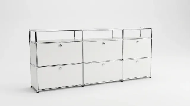 Sideboard in Pure white (RAL 9010), compatible with USM Haller – 2250 × 875 × 350 mm, 9 compartments, 6 drop-down doors – photorealistic preview