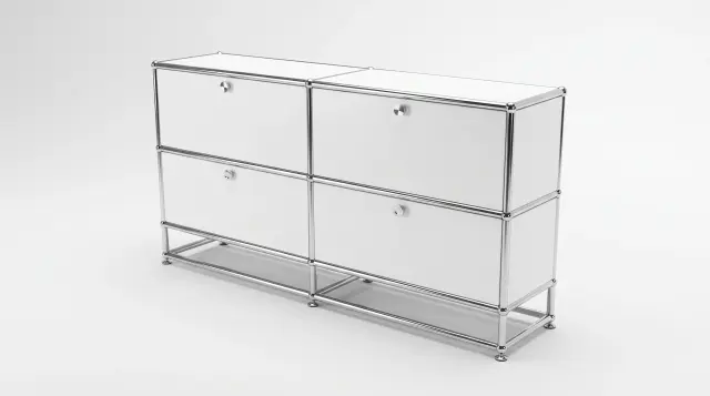 Sideboard in Pure white (RAL 9010), compatible with USM Haller – 1500 × 875 × 350 mm, 6 compartments, 4 drop-down doors – photorealistic preview