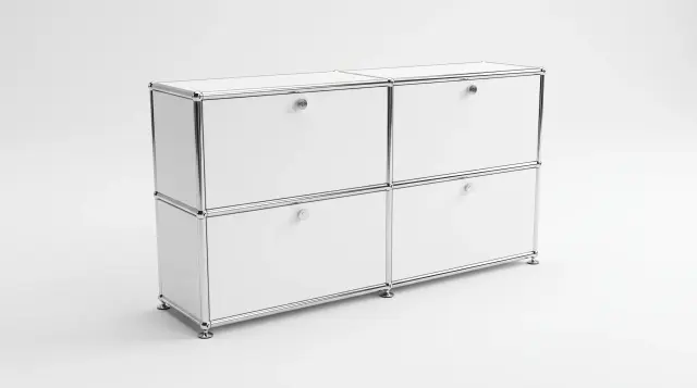 Sideboard in Pure white (RAL 9010), compatible with USM Haller – 1500 × 700 × 350 mm, 4 compartments, 4 drop-down doors – photorealistic preview