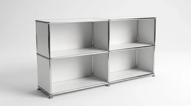 Sideboard in Pure white (RAL 9010), compatible with USM Haller – 1500 × 700 × 350 mm, 4 compartments – photorealistic preview