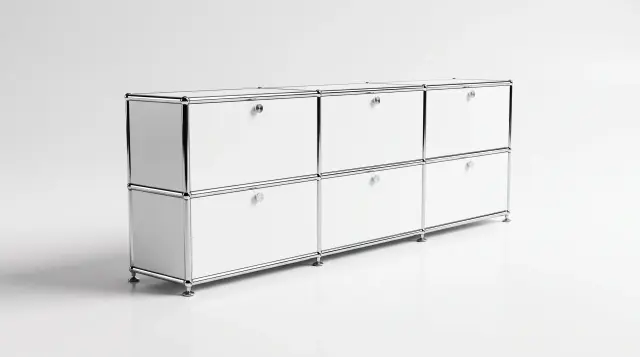 Sideboard in Pure white (RAL 9010), compatible with USM Haller – 2250 × 700 × 350 mm, 6 compartments, 6 drop-down doors – photorealistic preview
