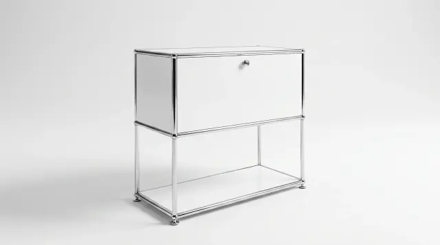 Sideboard in Pure white (RAL 9010), compatible with USM Haller – 750 × 700 × 350 mm, 2 compartments, 1 drop-down door – photorealistic preview