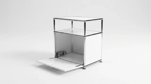 Sideboard in Pure white (RAL 9010), compatible with USM Haller – 500 × 500 × 350 mm, 2 compartments, 1 drop-down door – photorealistic preview