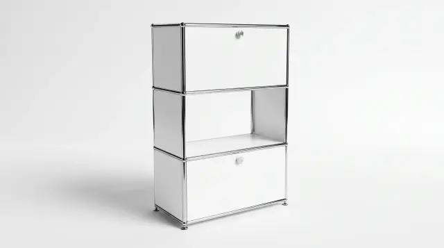 Shelving unit in Pure white (RAL 9010), compatible with USM Haller – 750 × 1050 × 350 mm, 3 compartments, 2 drop-down doors – photorealistic preview