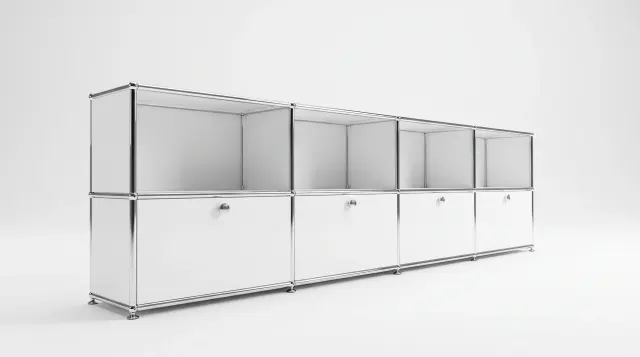 Sideboard in Pure white (RAL 9010), compatible with USM Haller – 3000 × 745 × 250 mm, 8 compartments, 4 drop-down doors – photorealistic preview