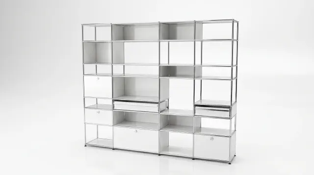 Shelving unit in Pure white (RAL 9010), compatible with USM Haller – 2250 × 1900 × 350 mm, 26 compartments, 3 drop-down doors, 2 pull-out shelves – photorealistic preview