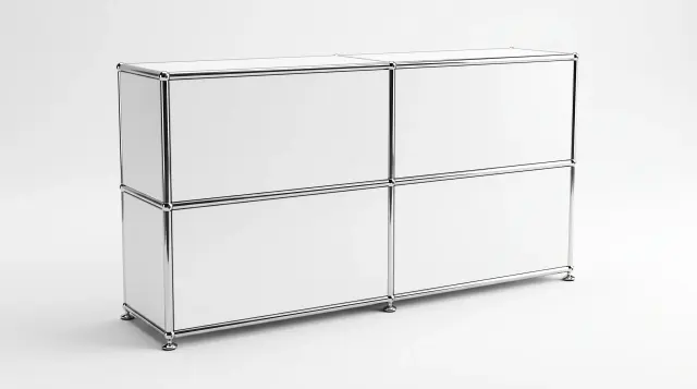 Sideboard in Pure white (RAL 9010), compatible with USM Haller – 1500 × 700 × 350 mm, 4 compartments, 1 drop-down door – photorealistic preview