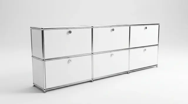 Sideboard in Pure white (RAL 9010), compatible with USM Haller – 2250 × 700 × 350 mm, 6 compartments, 6 drop-down doors – photorealistic preview