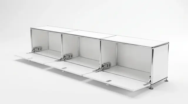 Sideboard in Pure white (RAL 9010), compatible with USM Haller – 2250 × 350 × 350 mm, 3 compartments, 3 drop-down doors – photorealistic preview