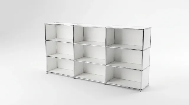 Shelving unit in Pure white (RAL 9010), compatible with USM Haller – 3000 × 1050 × 350 mm, 12 compartments – photorealistic preview