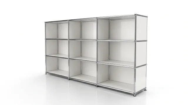 Shelving unit in Pure white (RAL 9010), compatible with USM Haller – 3000 × 1050 × 350 mm, 12 compartments – photorealistic preview