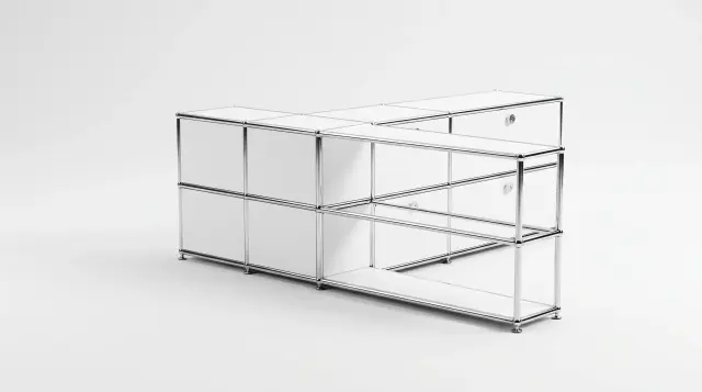 Sideboard in Pure white (RAL 9010), compatible with USM Haller – 2250 × 700 × 350 mm, 6 compartments, 6 drop-down doors – photorealistic preview