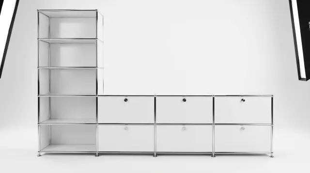 ピュアホワイト（RAL 9010）のシェルフ（USMハラー対応） – 3000 × 1750 × 350 mm、11区画、フラップ扉6枚 – フォトリアルなプレビュー