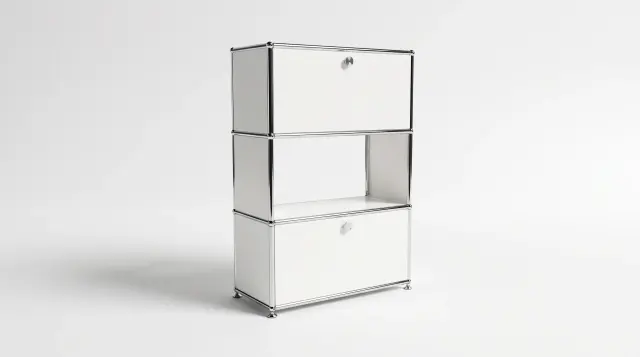 Shelving unit in Pure white (RAL 9010), compatible with USM Haller – 750 × 1050 × 350 mm, 3 compartments, 2 drop-down doors – photorealistic preview